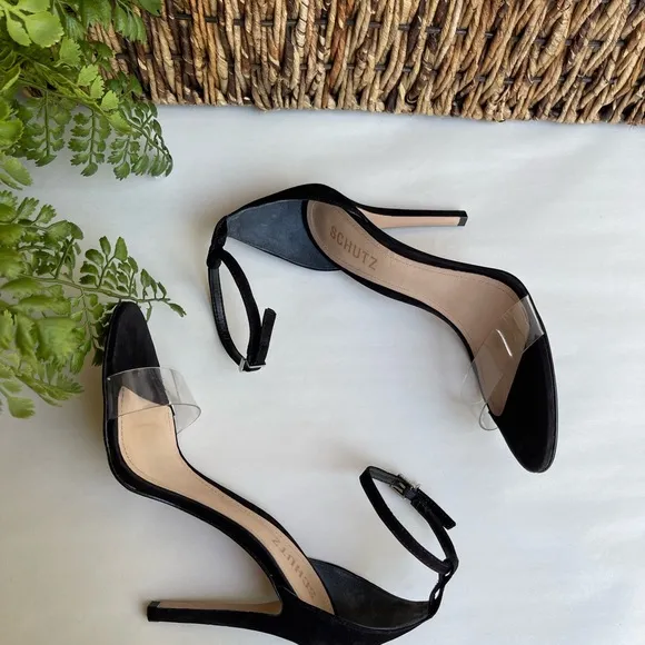 -SCHUTZ black suede Ankle strap clear strap On top Sandal Size  6.5 womens