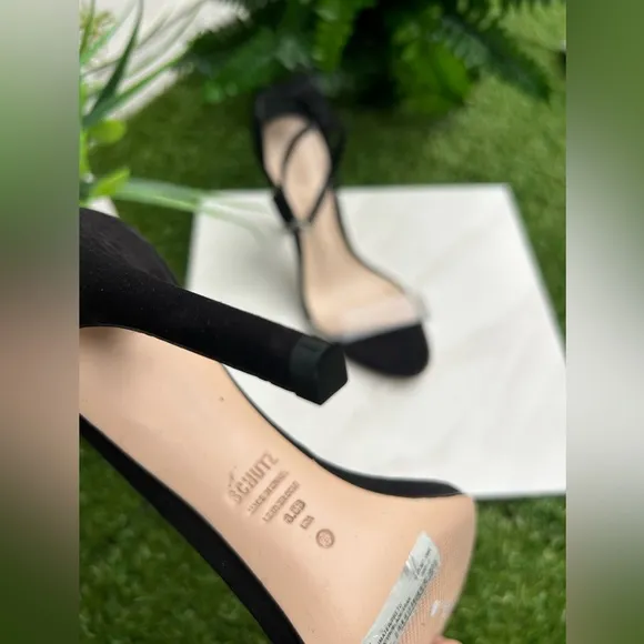 -SCHUTZ black suede Ankle strap clear strap On top Sandal Size  6.5 womens