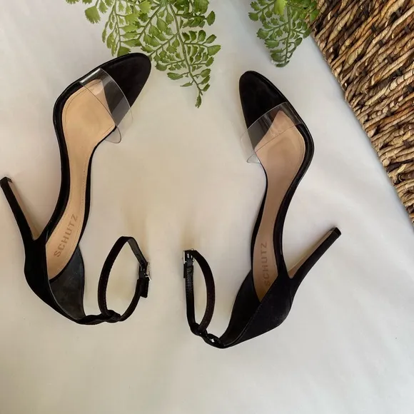 -SCHUTZ black suede Ankle strap clear strap On top Sandal Size  6.5 womens
