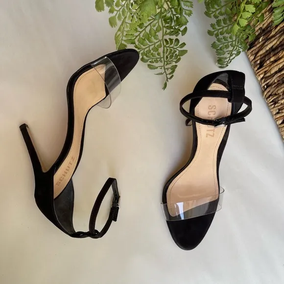 -SCHUTZ black suede Ankle strap clear strap On top Sandal Size  6.5 womens