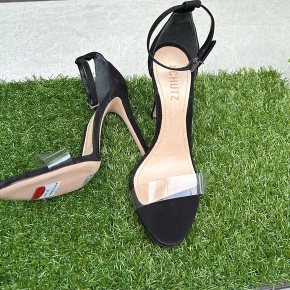 -SCHUTZ black suede Ankle strap clear strap On top Sandal Size  6.5 womens