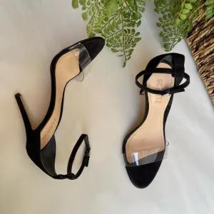 -SCHUTZ black suede Ankle strap clear strap On top Sandal Size  6.5 womens