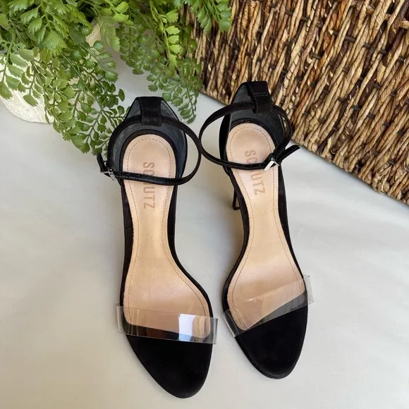 -SCHUTZ black suede Ankle strap clear strap On top Sandal Size  6.5 womens