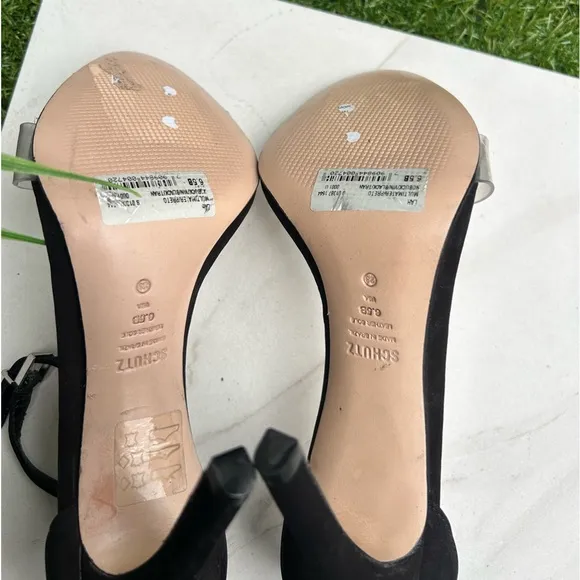 -SCHUTZ black suede Ankle strap clear strap On top Sandal Size  6.5 womens
