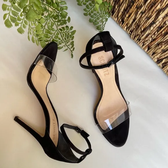 -SCHUTZ black suede Ankle strap clear strap On top Sandal Size  6.5 womens