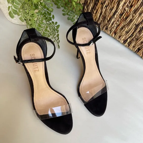 -SCHUTZ black suede Ankle strap clear strap On top Sandal Size  6.5 womens