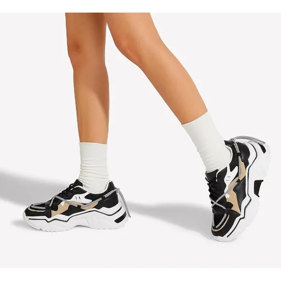 ✨ Women's Black Fashion Sneakers Retro Stylish Cute Chunky Dad Walking Shoes