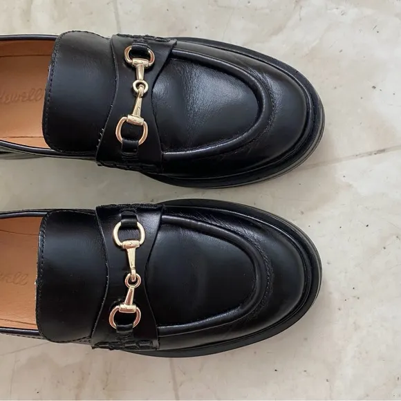 $158 Madewell The Vernon Bit Gold Hardware Loafers in Black Leather Size 6.5