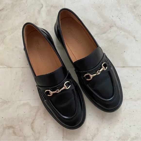 $158 Madewell The Vernon Bit Gold Hardware Loafers in Black Leather Size 6.5