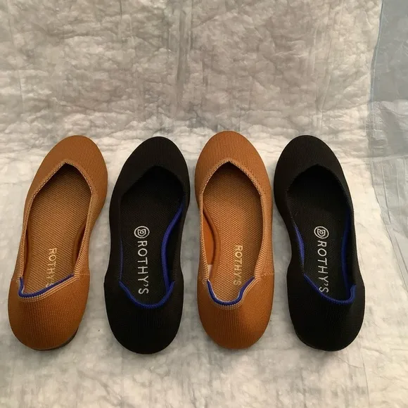 2 Rothy's The Flat Round Toe Slip On Shoes One Black &amp; One Fawn Women's Sz. 7.5​