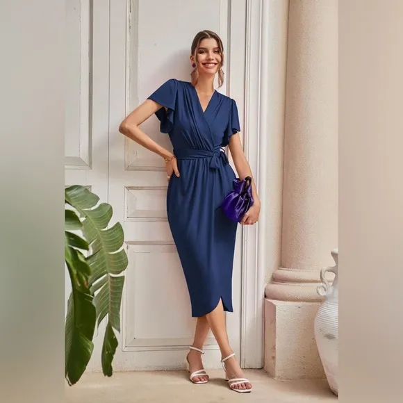 2024 Cocktail Dresses Ruffle Sleeve V Neck Wrap Dress Midi Dress without Belt