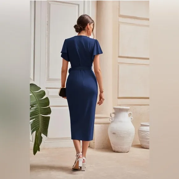 2024 Cocktail Dresses Ruffle Sleeve V Neck Wrap Dress Midi Dress without Belt