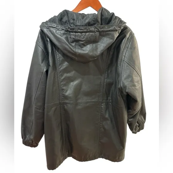 90s MIDDLEBROOK PARK HOODED BLACK LEATHER JACKET OVERSIZED GOTH ROCKABILLY SZ L
