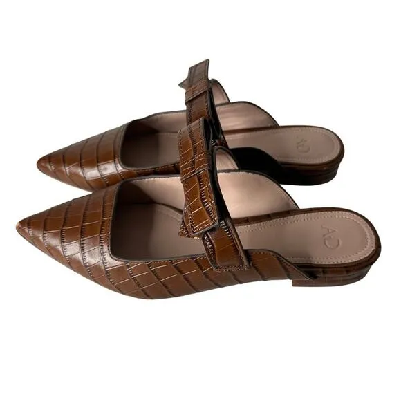 AD &amp; Daughters Jemma Croc Embossed Leather Mules Brown Size 8