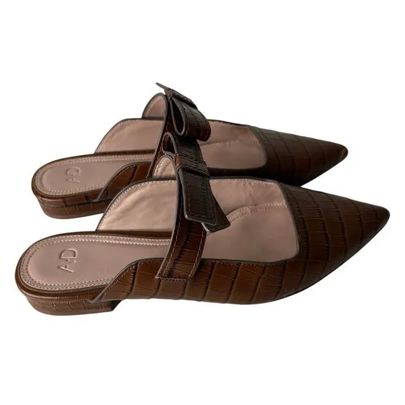 AD &amp; Daughters Jemma Croc Embossed Leather Mules Brown Size 8
