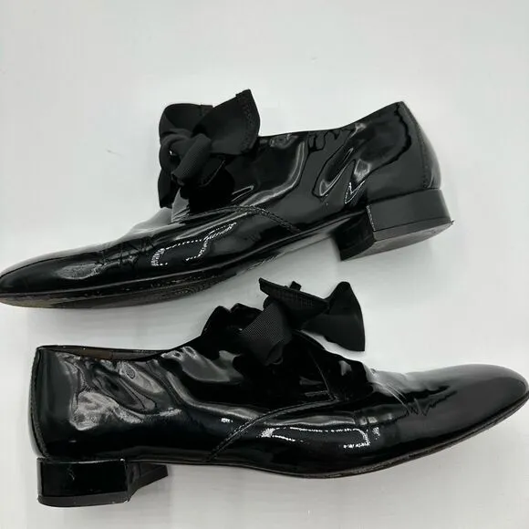 AGL Maggie Patent Leather Bow Tie Preppy Black Loafers Size 8.5 EU 39 Made In It
