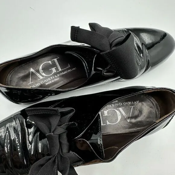 AGL Maggie Patent Leather Bow Tie Preppy Black Loafers Size 8.5 EU 39 Made In It