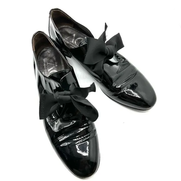 AGL Maggie Patent Leather Bow Tie Preppy Black Loafers Size 8.5 EU 39 Made In It