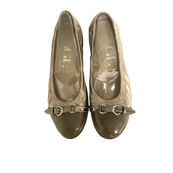 AGL Monika Metallic Cap Toe Flats Gold Patent Leather Italian Loafers Women’s