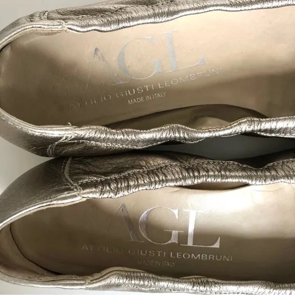 AGL Monika Metallic Cap Toe Flats Gold Patent Leather Italian Loafers Women’s