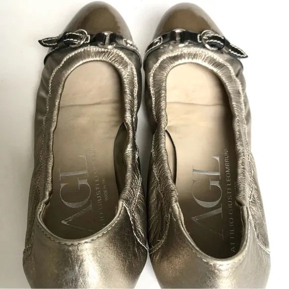 AGL Monika Metallic Cap Toe Flats Gold Patent Leather Italian Loafers Women’s