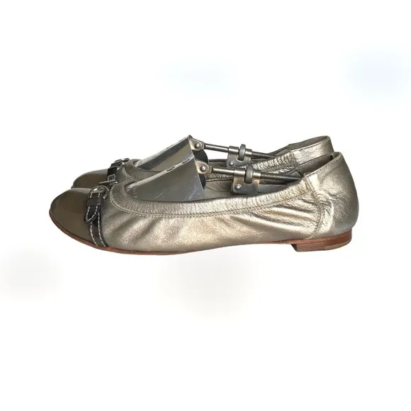 AGL Monika Metallic Cap Toe Flats Gold Patent Leather Italian Loafers Women’s