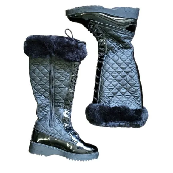 Aldo Black Laralima Winter Boots - Lug Sole, Quilted, Faux Fur Size 6