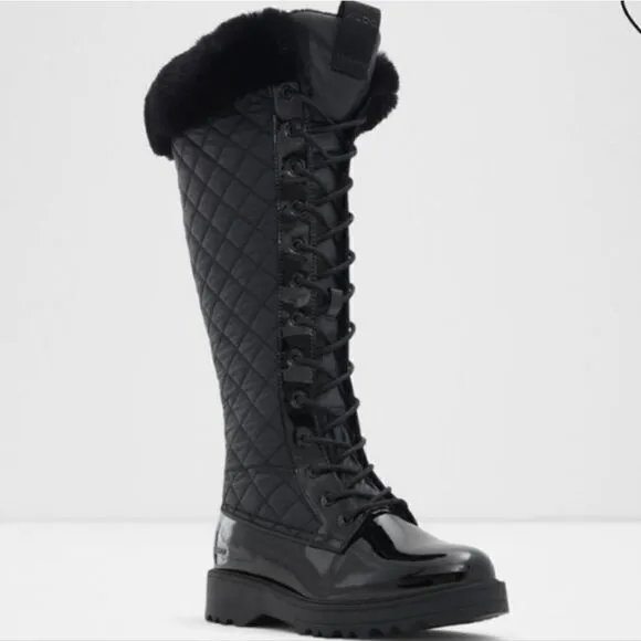 Aldo Black Laralima Winter Boots - Lug Sole, Quilted, Faux Fur Size 6