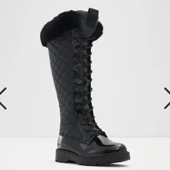Aldo Black Laralima Winter Boots - Lug Sole, Quilted, Faux Fur Size 6