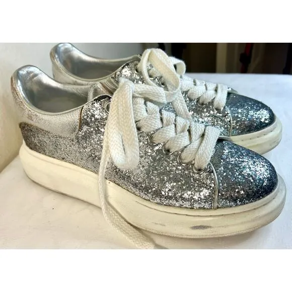 Alexander McQueen Metallic Silver Glitter Oversized Sneakers Size UK 39/US 8.5