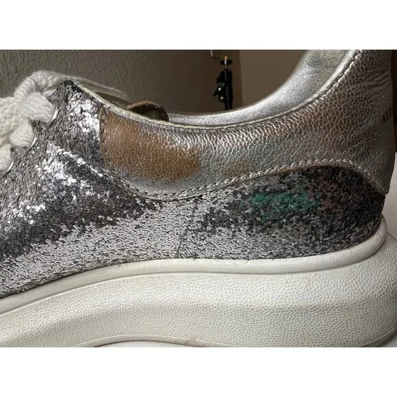 Alexander McQueen Metallic Silver Glitter Oversized Sneakers Size UK 39/US 8.5