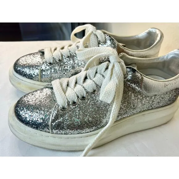 Alexander McQueen Metallic Silver Glitter Oversized Sneakers Size UK 39/US 8.5