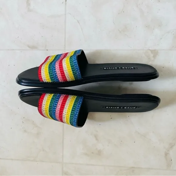 Alice   Olivia Tami Crystal Striped Embellished Sandals Slides size 6
