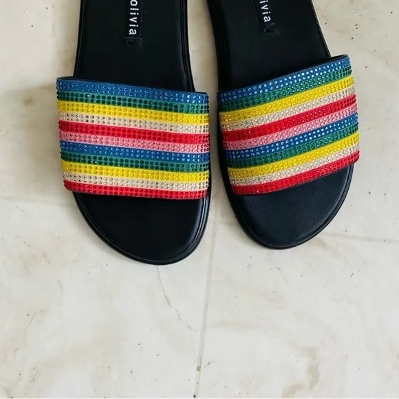 Alice   Olivia Tami Crystal Striped Embellished Sandals Slides size 6