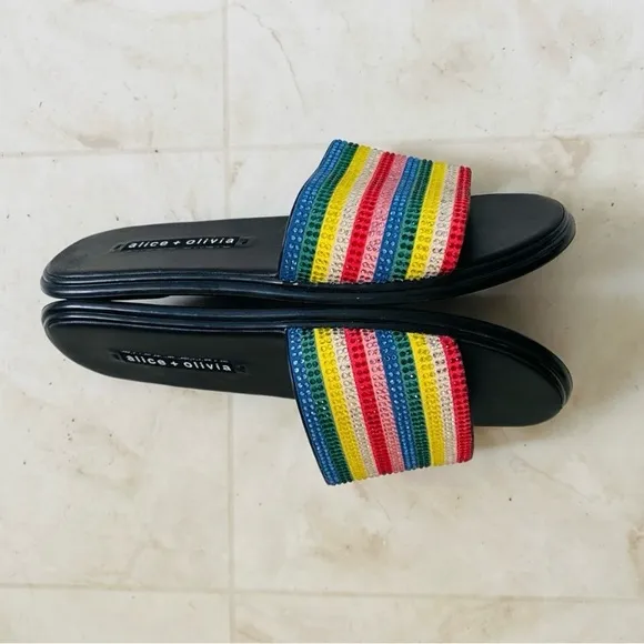 Alice   Olivia Tami Crystal Striped Embellished Sandals Slides size 6
