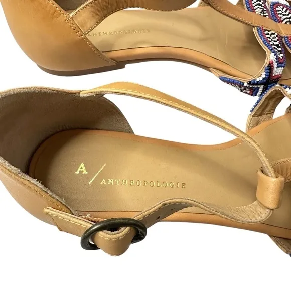 Anthropologie Beaded City Flats Leather Strappy Ankle Shoes Women’s 38 US 7.5