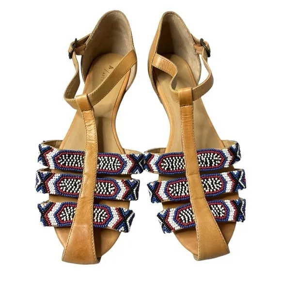 Anthropologie Beaded City Flats Leather Strappy Ankle Shoes Women’s 38 US 7.5