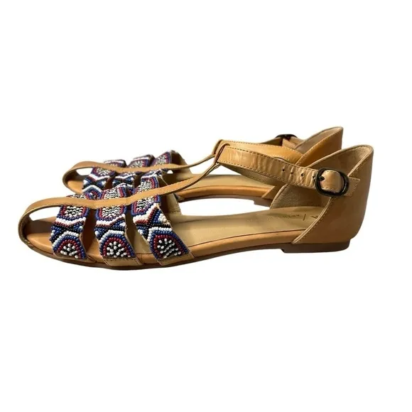 Anthropologie Beaded City Flats Leather Strappy Ankle Shoes Women’s 38 US 7.5