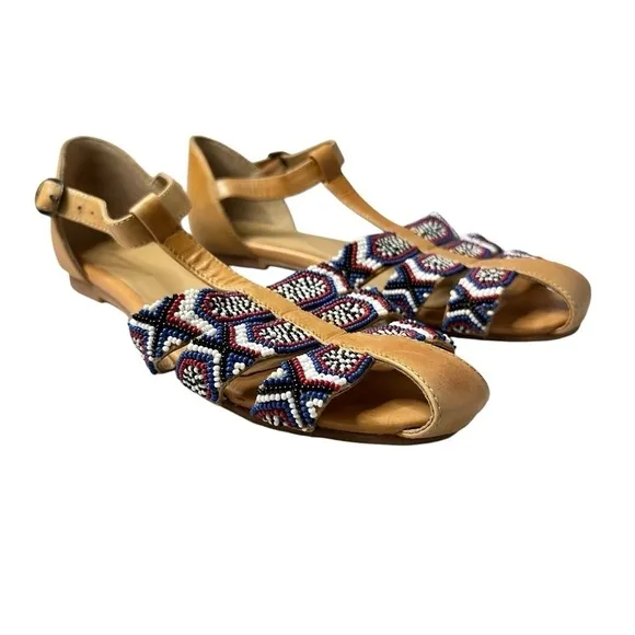 Anthropologie Beaded City Flats Leather Strappy Ankle Shoes Women’s 38 US 7.5