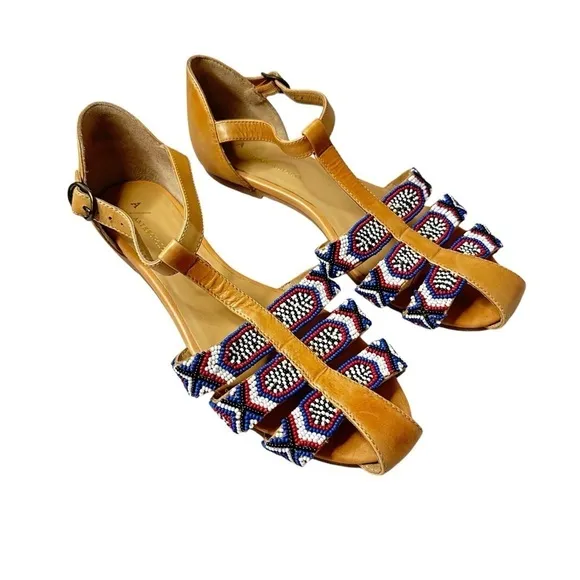 Anthropologie Beaded City Flats Leather Strappy Ankle Shoes Women’s 38 US 7.5
