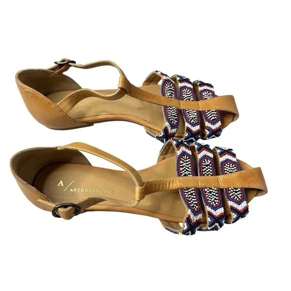 Anthropologie Beaded City Flats Leather Strappy Ankle Shoes Women’s 38 US 7.5