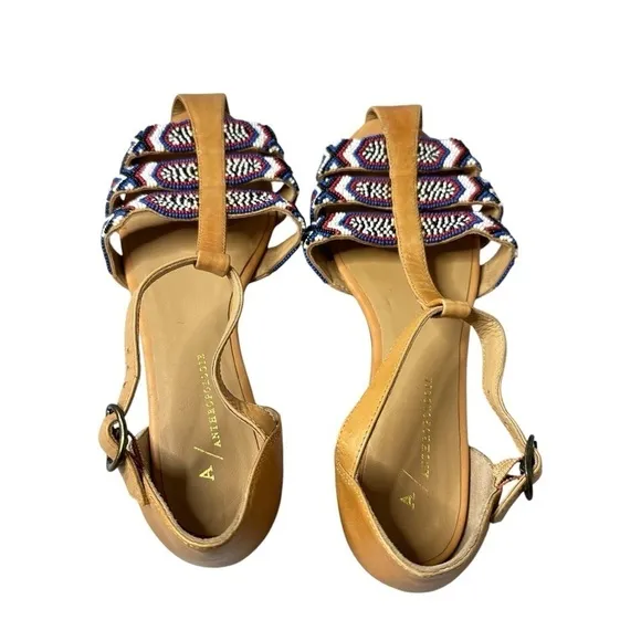 Anthropologie Beaded City Flats Leather Strappy Ankle Shoes Women’s 38 US 7.5