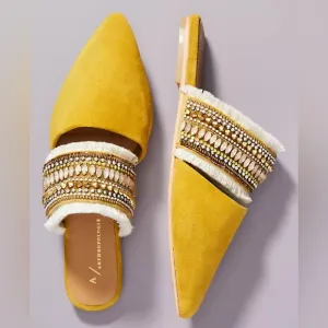 Anthropologie Delilah Embellished Slides Women’s 39 Yellow Suede Boho Flats Mule
