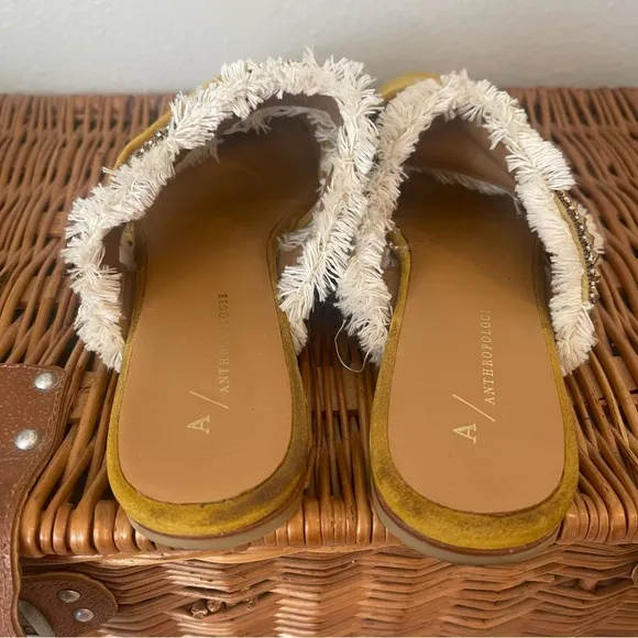 Anthropologie Delilah Embellished Slides Women’s 39 Yellow Suede Boho Flats Mule