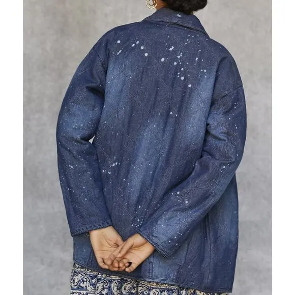 Anthropologie Pilcro Quilted Blue Bohemian Denim Kimono Jacket XS Retail $178