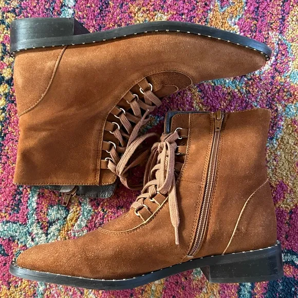 Anthropologie | Women’s Brown Suede Leather Lace Up Side Zip Ankle Boots, sz 8.5