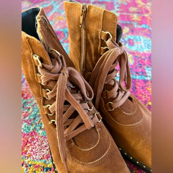 Anthropologie | Women’s Brown Suede Leather Lace Up Side Zip Ankle Boots, sz 8.5