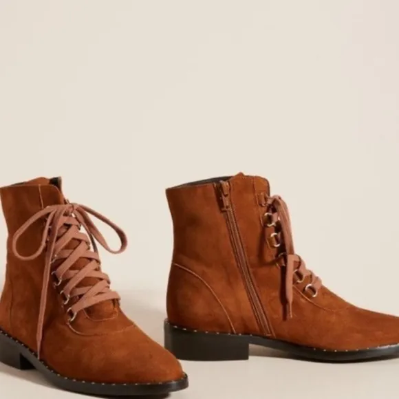 Anthropologie | Women’s Brown Suede Leather Lace Up Side Zip Ankle Boots, sz 8.5