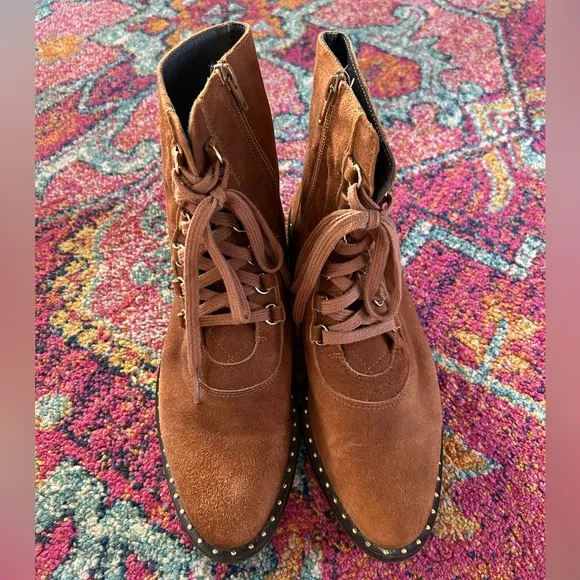 Anthropologie | Women’s Brown Suede Leather Lace Up Side Zip Ankle Boots, sz 8.5