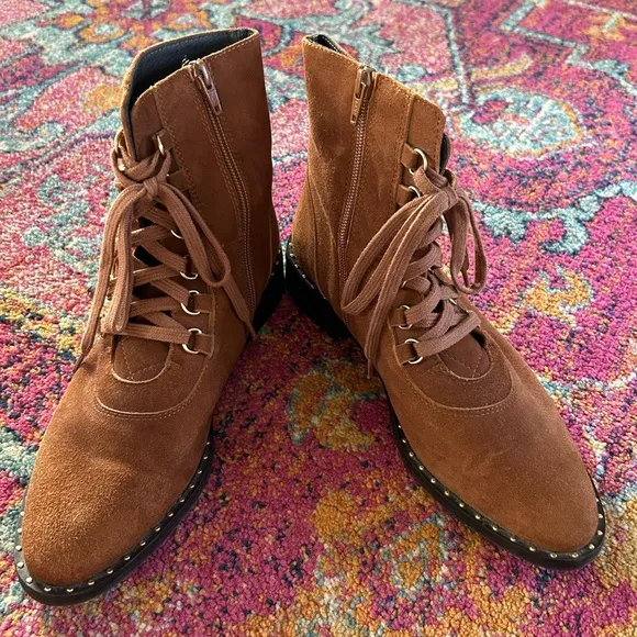 Anthropologie | Women’s Brown Suede Leather Lace Up Side Zip Ankle Boots, sz 8.5